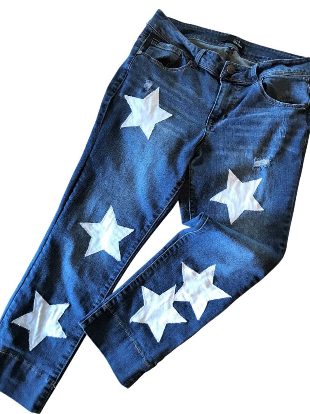 Upcycled Patchwork Jeans, Reworked Cropped Ankle Pants White Stars Size 10